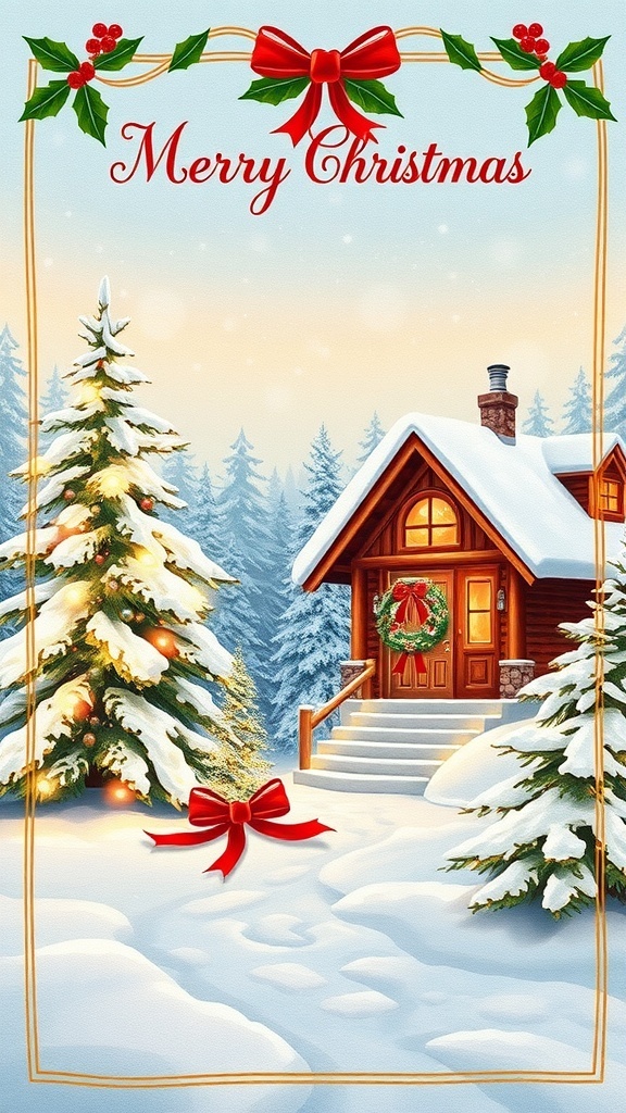A festive Christmas card with a snowy cabin scene, holly, and a ribbon.